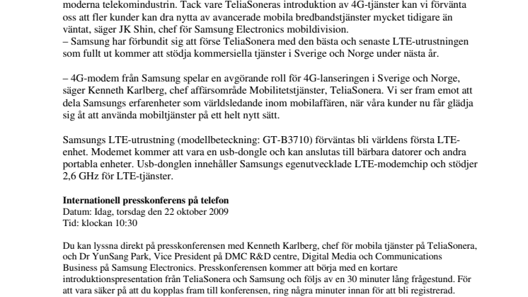 Samsung levererar LTE-modem till TeliaSonera för världens första mobilnät med 4G i Stockholm