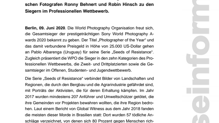 Die Gesamtsieger der Sony World Photography Awards 2020 wurden gekürt: Zwei deutsche Gewinner in der Profi-Kategorie 