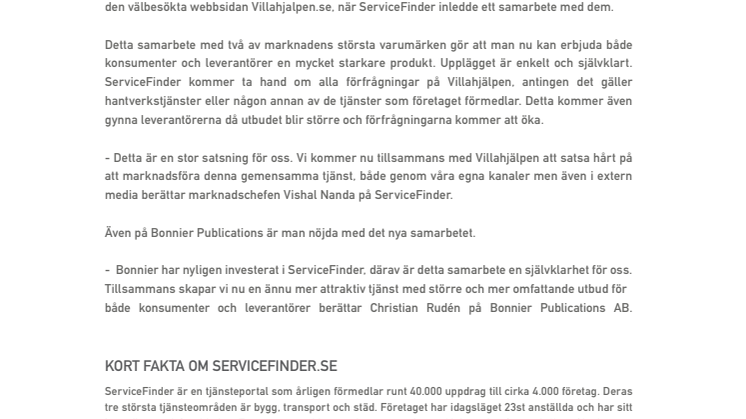 ServiceFinder och Vi I Villa inleder  ett strategiskt samarbete.