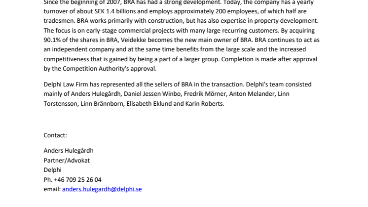 Delphi has advised BRA
