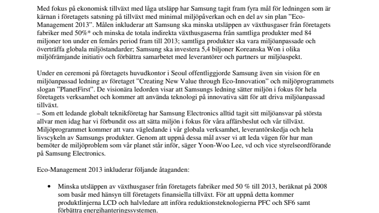 Samsung Electronics presenterar miljöinitiativet Eco-Management 2013