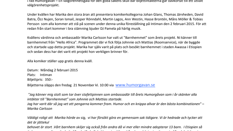 Komikeragenturen ROA presenterar HUMORGÅVAN 2015