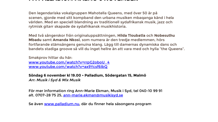 Mahotella Queens – legendarisk sydafrikansk vokalgrupp - på Palladium Malmö 6 november
