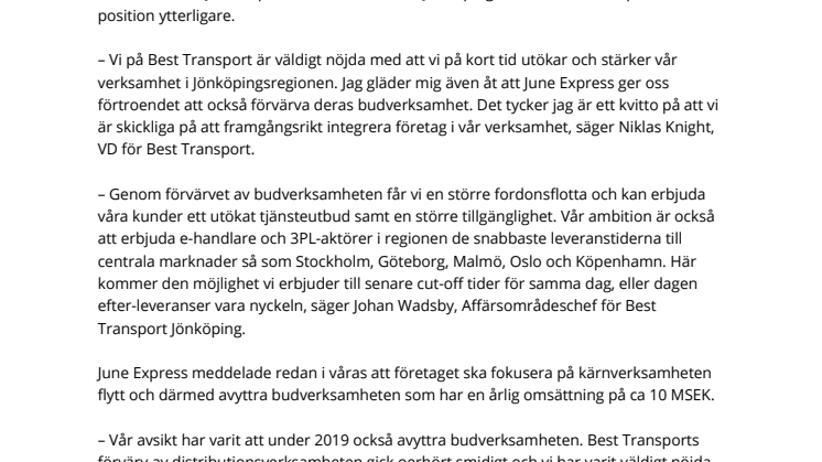 Best Transport förvärvar budverksamhet i Jönköping