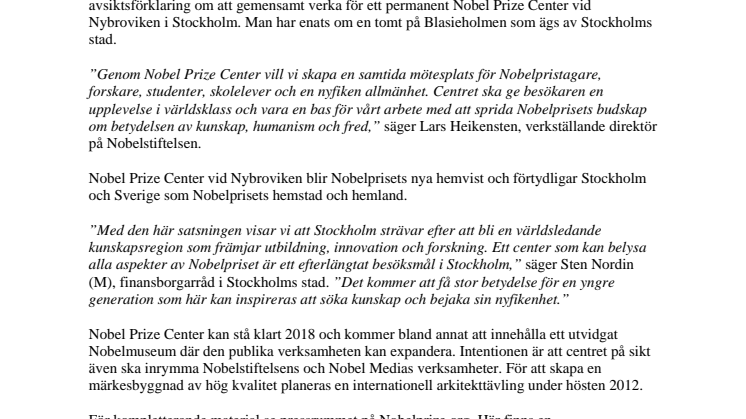 City of Stockholm and Nobel Foundation Join Forces to Create a Nobel Prize Center