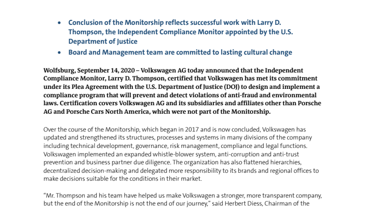 Volkswagen AG successfully completes Independent Compliance Monitorship under Agreements with U.S. Authorities