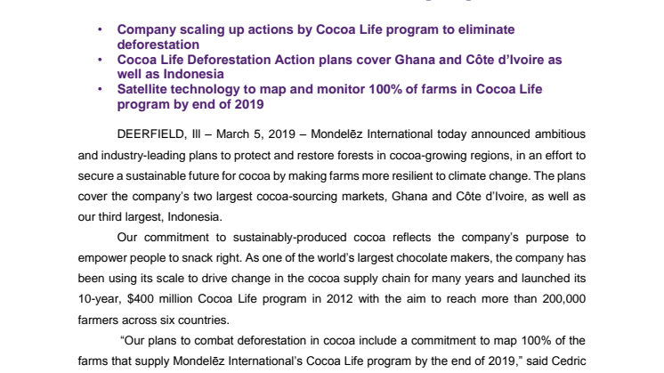 Mondelēz International expanderar sitt hållbarhetsprogam ’Cocoa Life’ för att stoppa skogsskövling 