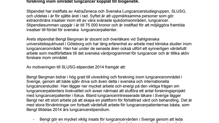 Lungcancerstipendium till Bengt Bergman 