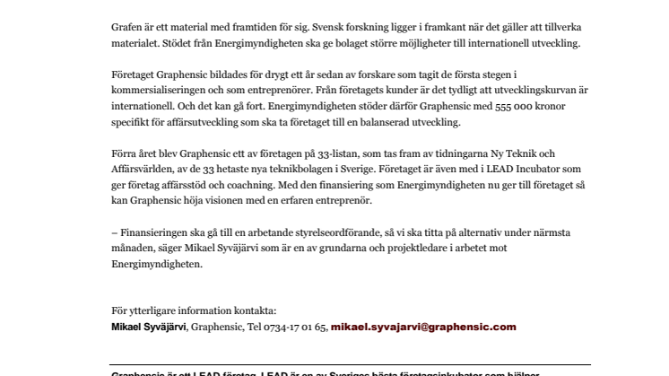 Graphensic får stöd av Energimyndigheten