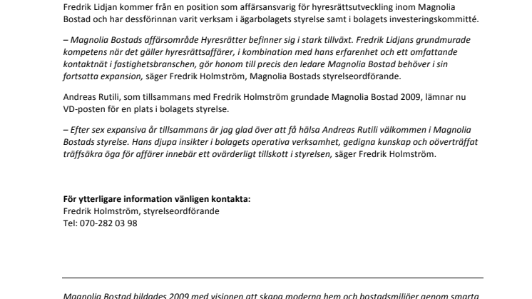 Fredrik Lidjan ny VD för Magnolia Bostad