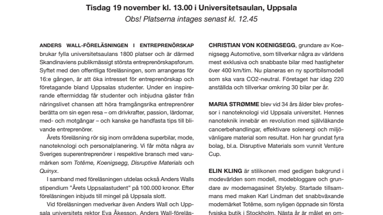 Mode, nanoteknik och superbilar på Anders Wall-föreläsningen i Uppsala