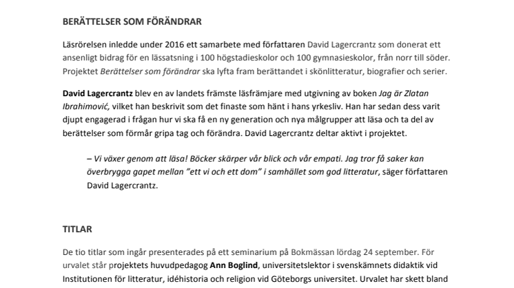 De tio boktitlarna i Läsrörelsens stora nationella lässatsning presenterades på Bokmässan