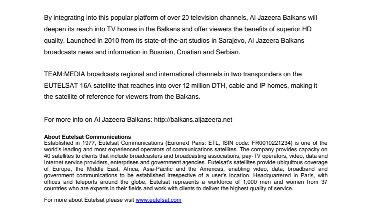 ​Al Jazeera Balkans joins TEAM:SAT TV platform on EUTELSAT 16A satellite and sets 1 July for launch in HD