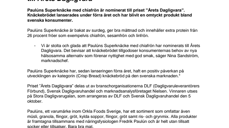 Paulúns Superknäcke med chiafrön har nominerats till Årets Dagligvara 