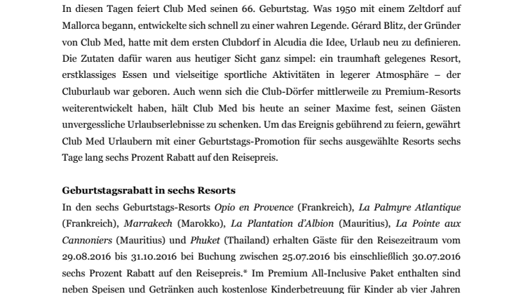 Club Med feiert 66. Geburtstag