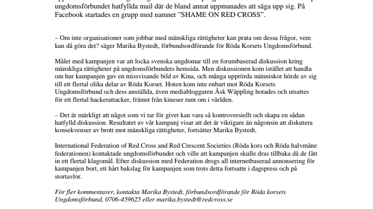 Allvarliga konsekvenser efter Röda Korsets Ungdomsförbunds kinakampanj