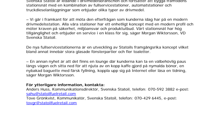 Statoil öppnar fem nya fullservicestationer 2012