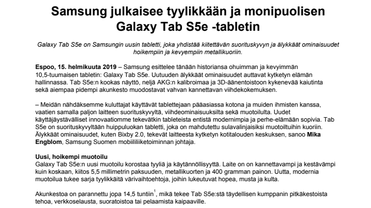 Samsung julkaisee tyylikkään ja monipuolisen  Galaxy Tab S5e -tabletin