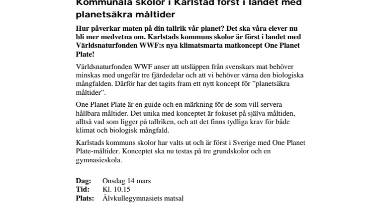 Pressinbjudan: Kommunala skolor i Karlstad först i landet med planetsäkra måltider