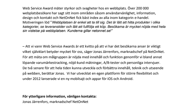 NetOnNet vann Web Service Awards