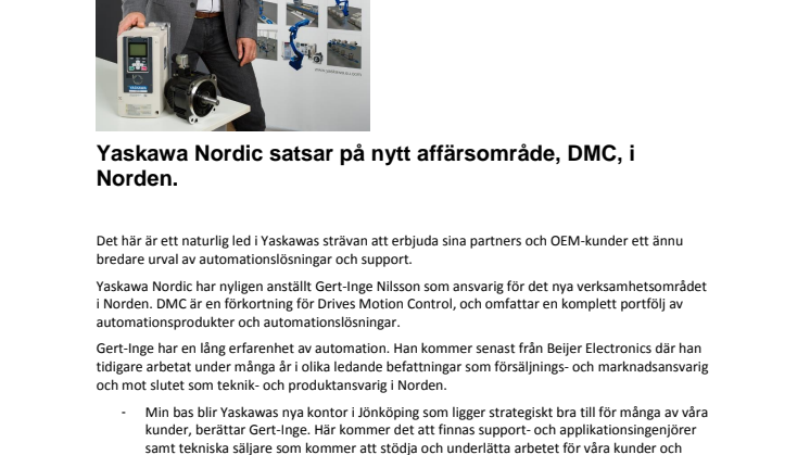Yaskawa Nordic satsar på nytt affärsområde, DMC, i Norden. 