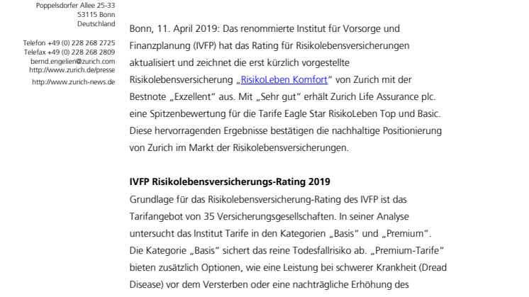 Ausgezeichnete Bewertungen beim Risikolebensversicherung-Rating für Zurich Tarife