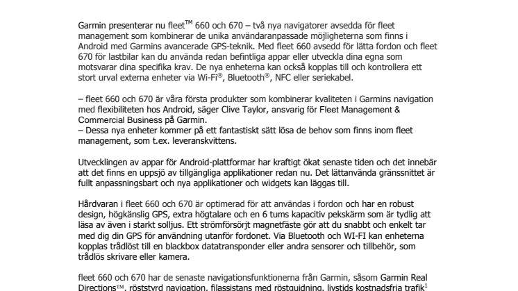 Garmin® presenterar Android™-baserad navigator inom Fleet Management Nya enheter som kombinerar ledande navigation med flexibiliteten i Android