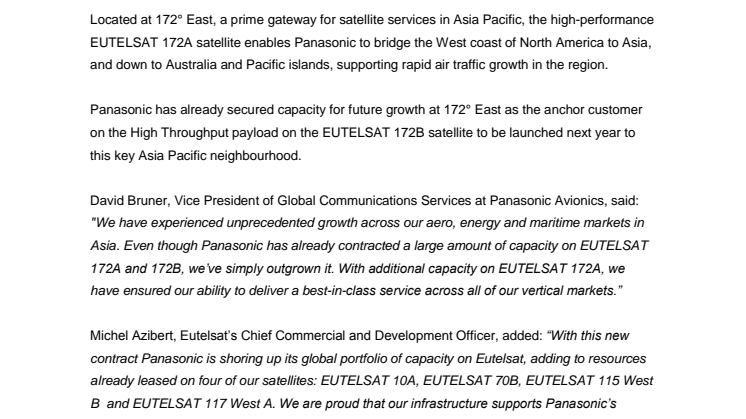 Panasonic scales up Eutelsat capacity over Asia Pacific for in-flight Internet and TV services