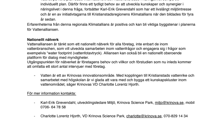 Krinova får uppdrag att ta fram plan för nationell Vattenallians
