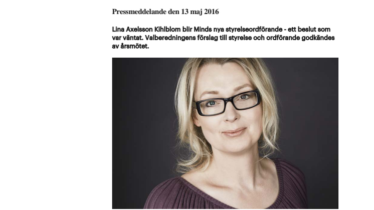 ​Lina Axelsson Kihlblom ny ordförande i Mind