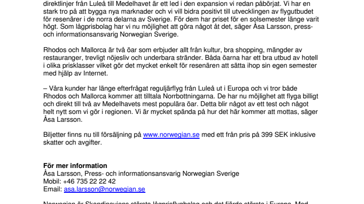 Norwegian startar två nya direktlinjer från Luleå till Medelhavet