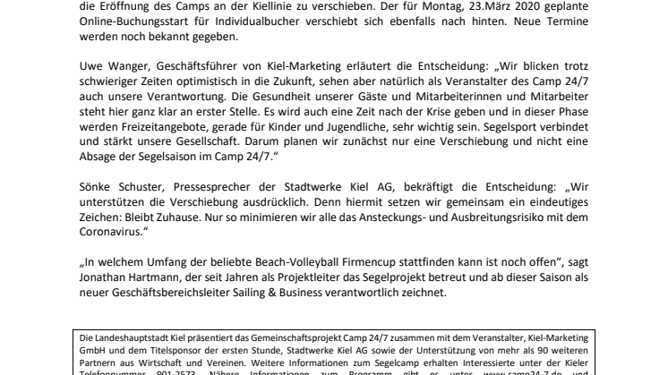 Eröffnung Segelprojekt Camp24/7 wird nach hinten verschoben - Buchungsstart ebenfalls verschoben