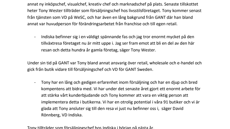 Tony Wester ny försäljningschef hos Indiska