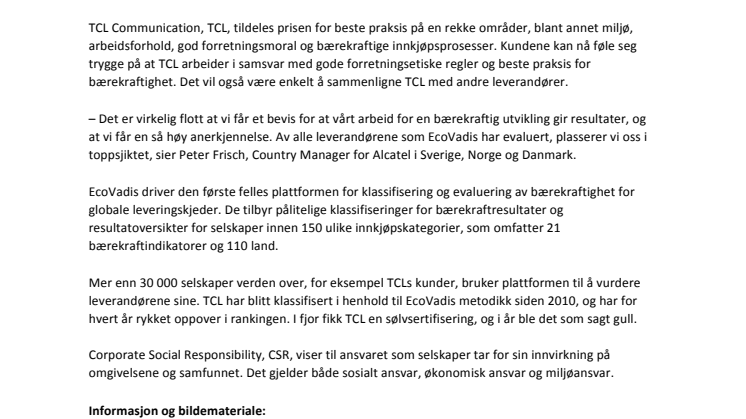 TCL Communication får høyeste anerkjennelse for arbeid for en bærekraftig utvikling av EcoVadis 