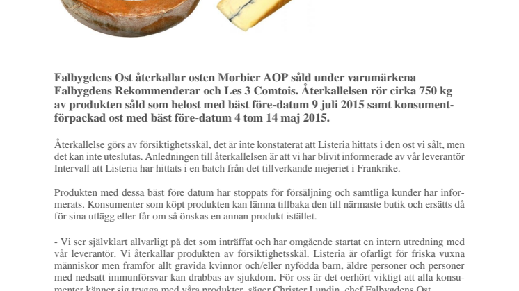 Falbygdens Ost återkallar Morbier AOP