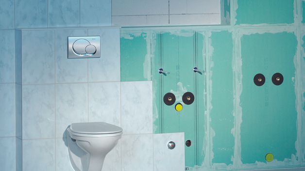 Seinä-wc, kylpyhuoneen asennusvaiheen kuva