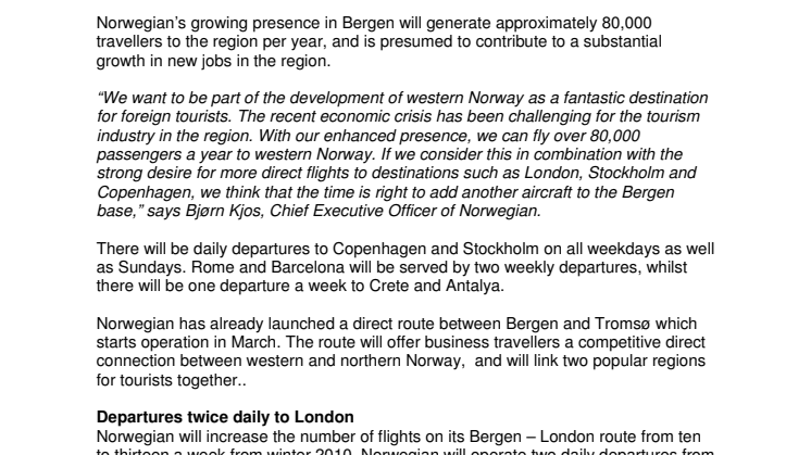 Norwegian to boost its presence in western Norway – six new direct routes from Bergen 