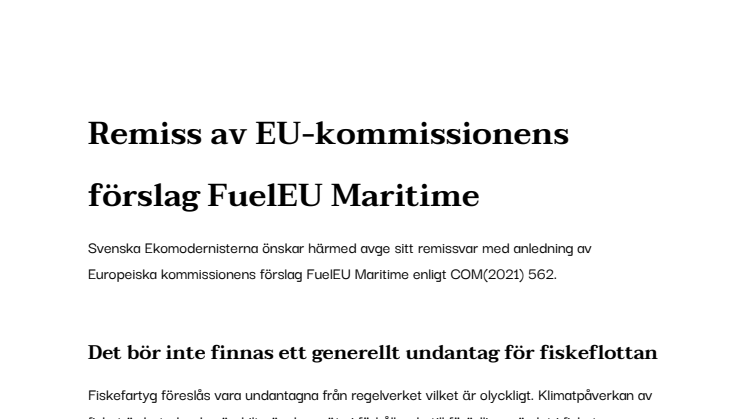 Svenska Ekomodernisternas remissvar av EU-kommissionens förslag FuelEU Maritime