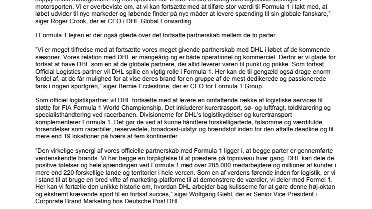DHL forbliver eksklusiv logistikpartner for Formula 1® 