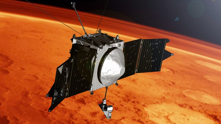 Rymdfarkosten MAVEN har cirkulerat runt planeten Mars i snart tio år. Illustration: NASA/GSFC
