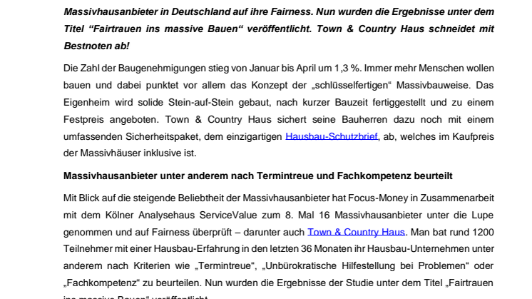 Town & Country Haus als fairster Massivhausanbieter ausgezeichnet