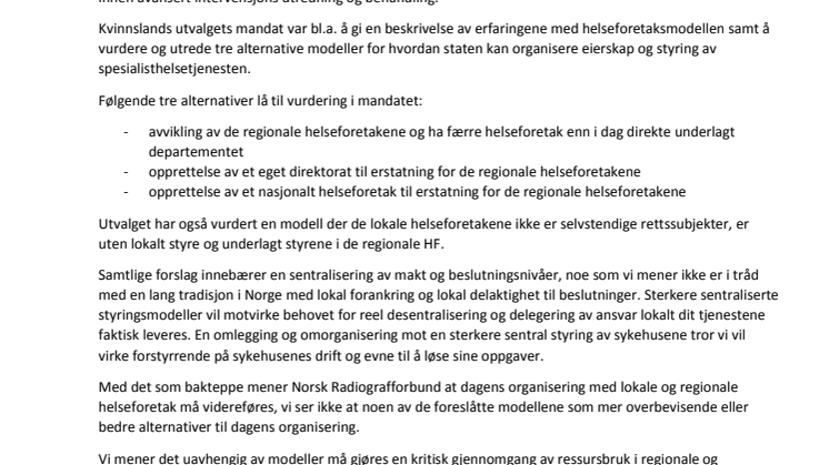 NRFs høringssvar til organisering og styring av spesialisthelsetjenesten