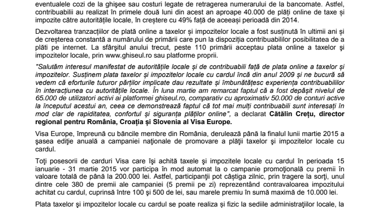 Visa Europe: Taxele şi impozitele locale plătite de români cu cardul pe internet au depășit pragul de 10 milioane de lei în primele două luni din 2015