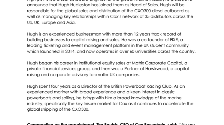 Cox Powertrain appoints Hugh Hudleston as Head of Sales 