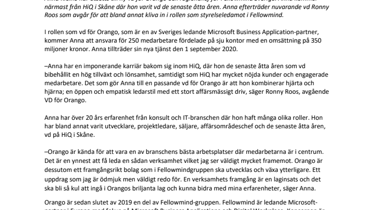 Anna Kleine blir ny vd för Orango och regionchef för Fellowmind Sverige