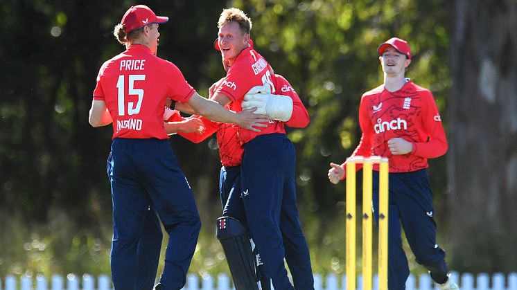 George Greenway of England celebrates with team mates after dismissing David Melling of Australia during the International Cricket Inclusion Series Deaf match between Australia and England at Northern Suburbs District Cricket Club (Getty Images)