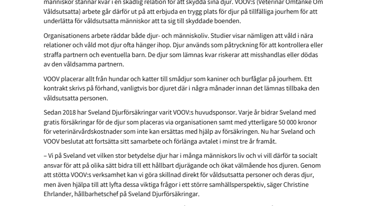 Sveland stödjer våldsutsatta och deras djur - förlänger samarbetet med VOOV