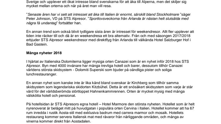 STS Alpresor ökar takten och öppnar nytt hotell i Italien 