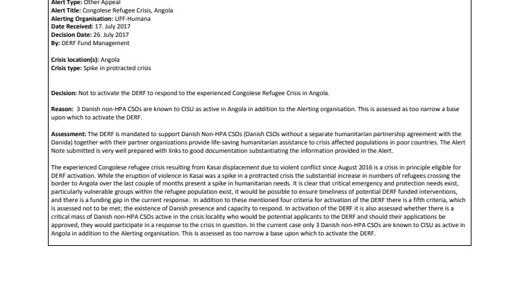 Alert Note: Congolese Refugee Crisis in Angola (17-009-SP) (Not Activated)
