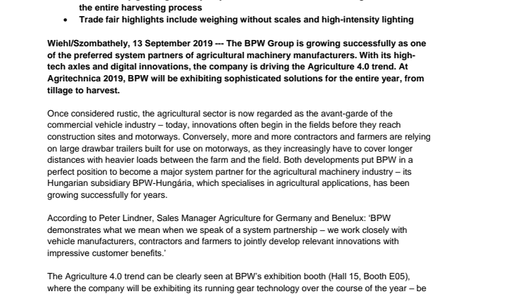 Growing together: BPW highlighting successful system partnership with agricultural machinery manufacturers at Agritechnica 2019